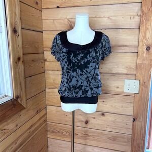 Vintage Blouse Womens Small Gray Leaf Print Sheer Bubble Hem Foxy Jeans FX 8082